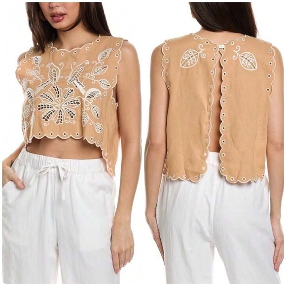 FARM Rio Tops - Farm Rio Top Womens M Broderie Sand Richilieu Embroidered Sleeveless Linen Blend